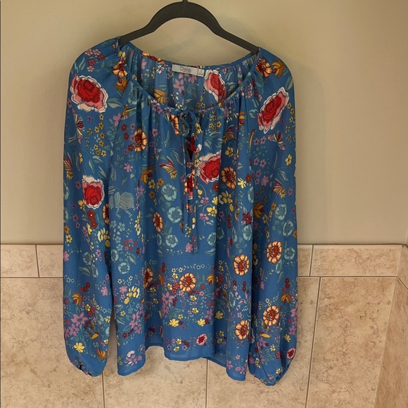 DALIA Floral Blue Round Tie Neck Long Sleeve Boho Peasant Blouse Size Large - Picture 1 of 4